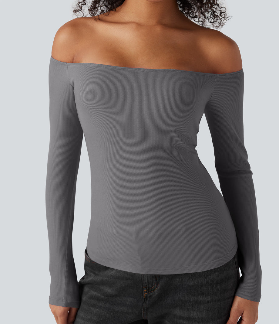 Ribbed Knit Off Shoulder Long Sleeve 2-in-1 Casual Top - Gray Quill