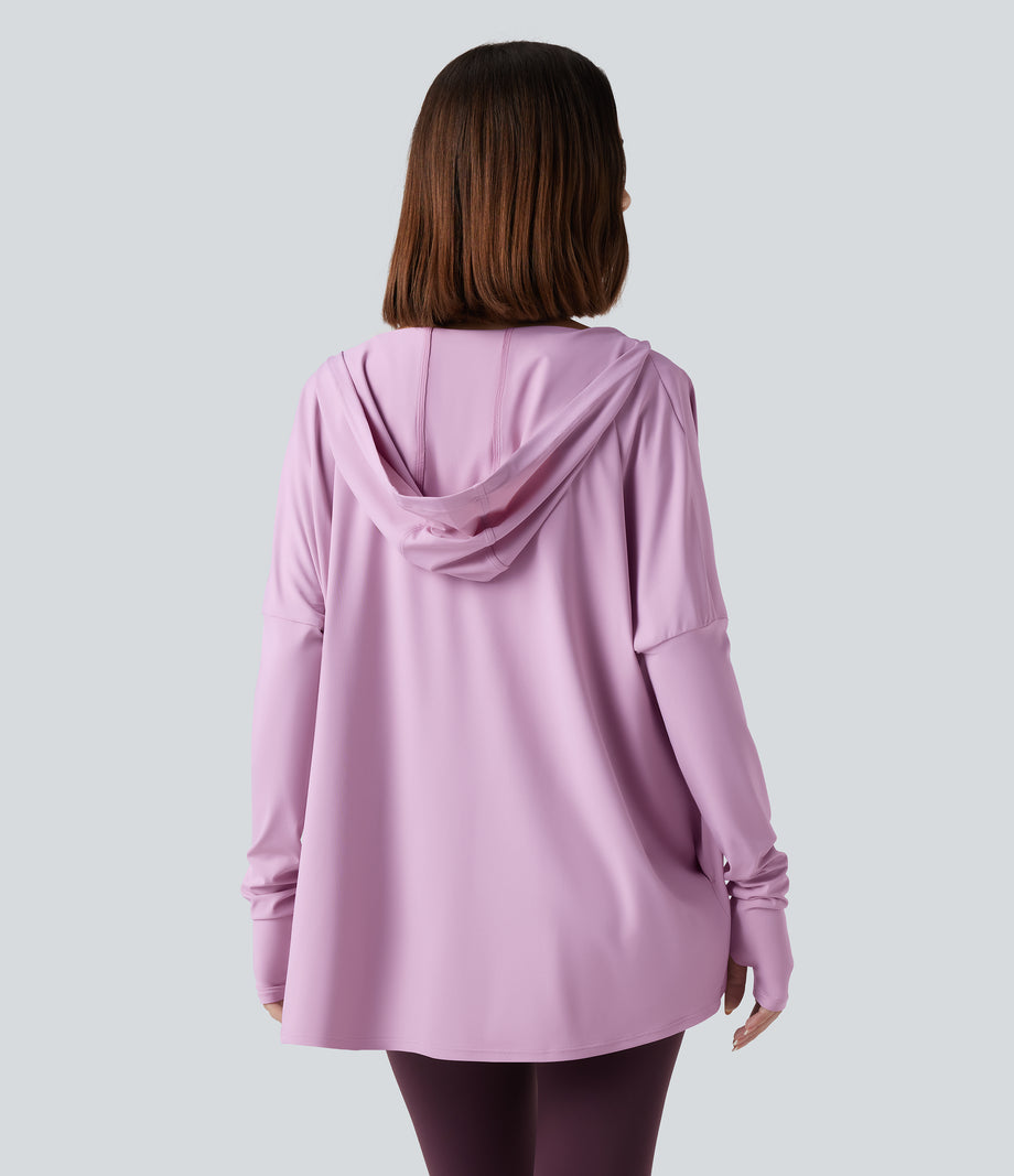 Hooded Cowl Neck Long Sleeve Thumb Hole Yoga Sports Top with Pockets - Orchid Bouquet