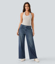 Halara Flex™ Low Rise Zipper Pockets Washed Baggy Wide Leg Casual Jeans - Cedar Blue Denim