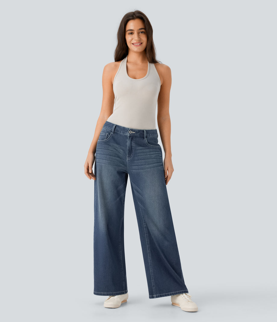 Halara Flex™ Low Rise Zipper Pockets Washed Baggy Wide Leg Casual Jeans - Cedar Blue Denim