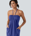 Halter Tie Back Mini Resort Dress with Pockets - Orchid Purple