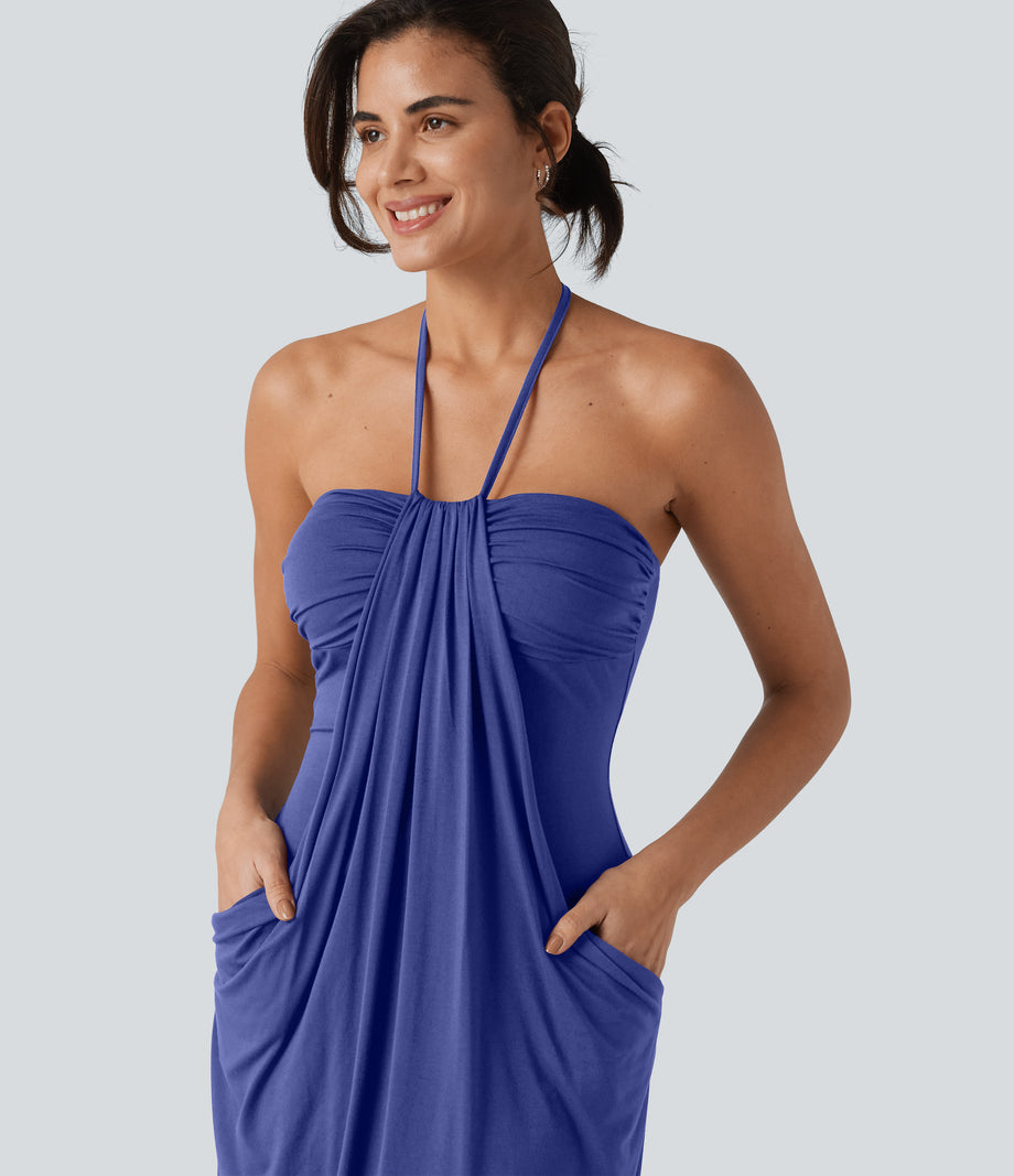 Halter Tie Back Mini Resort Dress with Pockets - Orchid Purple