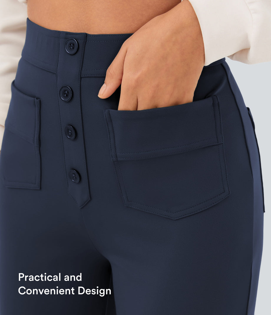 DayStretch High Waisted Pockets Straight Leg Casual Pants - Midnight Blue