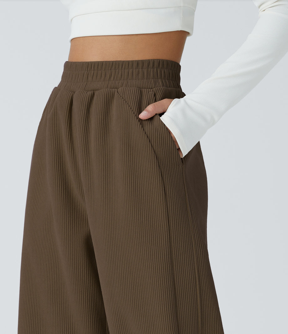 High Waisted Pocket Straight Leg Baggy Mop Corduroy Casual Pants - Dark Earthy Brown