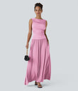 Ribbed Boat Neck Asymmetric Strap Ruched Pocket Flowy Maxi Casual Dress - Sweet Lilac