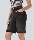 Halara Flex™ High Waisted Pockets Rolled Hem Washed Denim Casual Bermuda Shorts - Phantom Denim