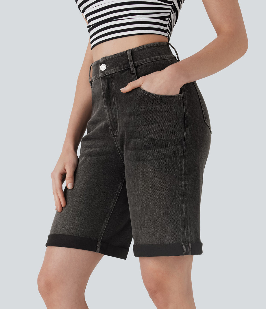 Halara Flex™ High Waisted Pockets Rolled Hem Washed Denim Casual Bermuda Shorts - Phantom Denim