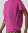 Round Neck Short Sleeve Ruched Cool Touch Yoga Sports Top-UPF50+ - Fuchsia Fedora