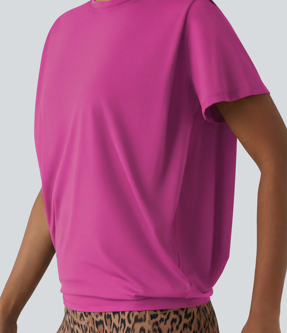 Round Neck Short Sleeve Ruched Cool Touch Yoga Sports Top-UPF50+ - Fuchsia Fedora