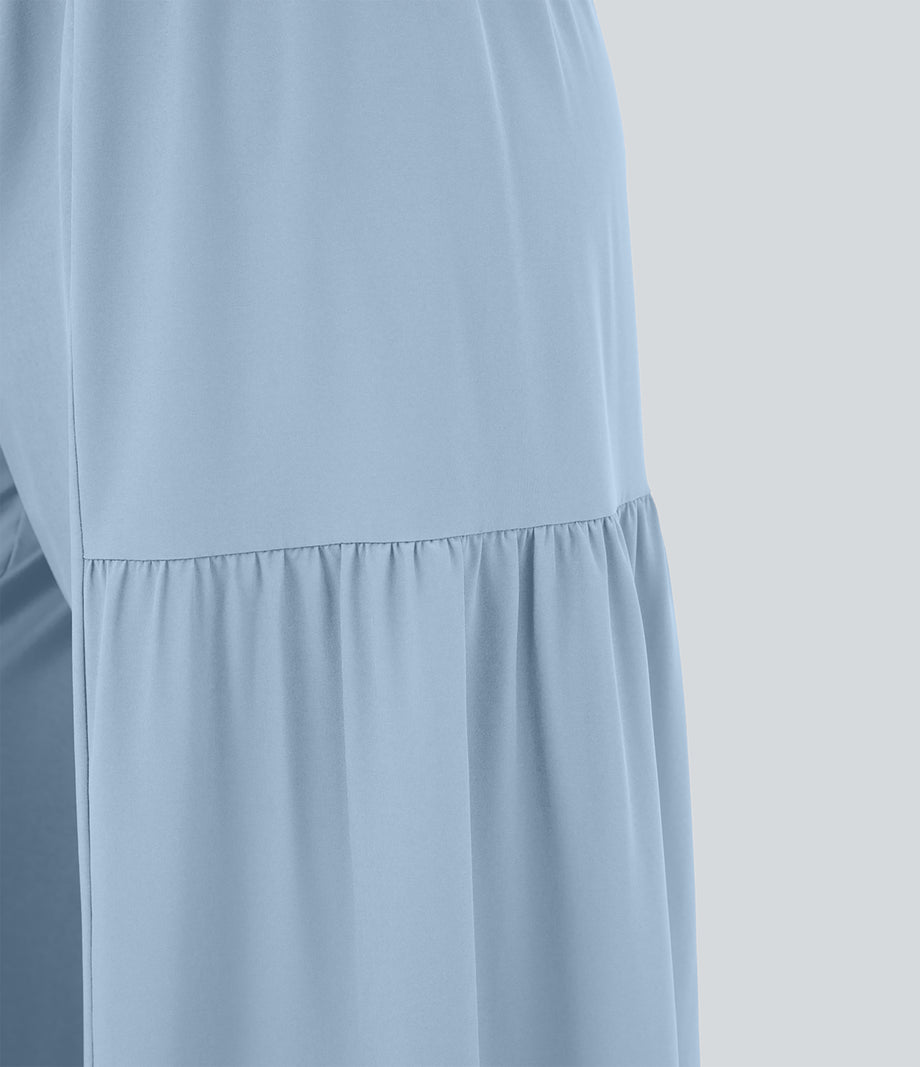Breezeful™ High Waisted Shirred Tie Front & Back Wide Leg Flowy Quick Dry Casual Pants - Thin Ice Blue