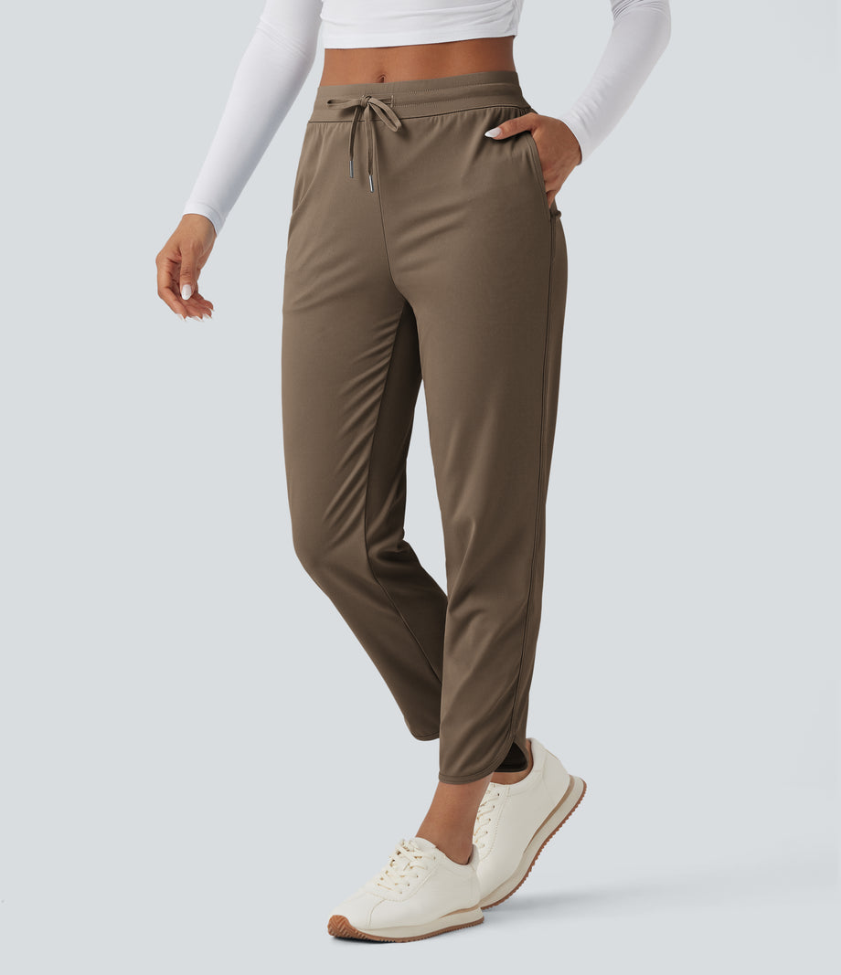 Mid Rise Drawstring Curved Hem Quick Dry Golf Tapered Pants with Pockets-UPF40+ - Shitake