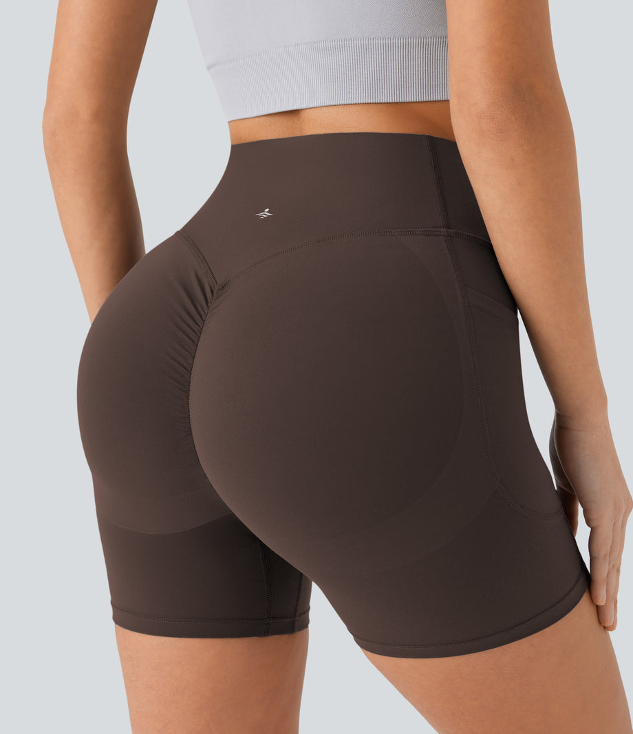 Halara UltraSculpt™ High Waisted Scrunch Butt Lifting Tummy Control Pocket Shaping Workout Biker Shorts 5'' - Hot Fudge