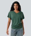 V-neck Short Sleeve Ruched Relaxed Casual Top - Emerald Floral Yarn