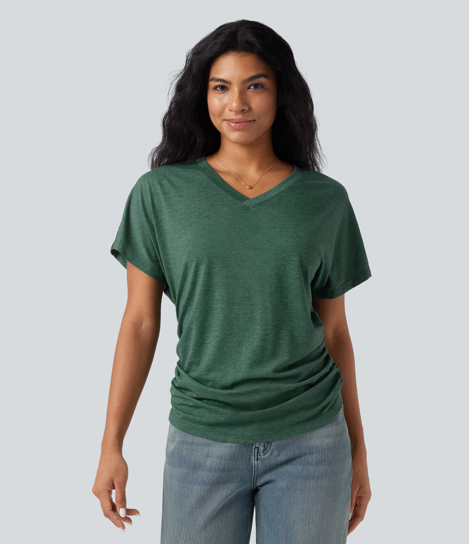 V-neck Short Sleeve Ruched Relaxed Casual Top - Emerald Floral Yarn