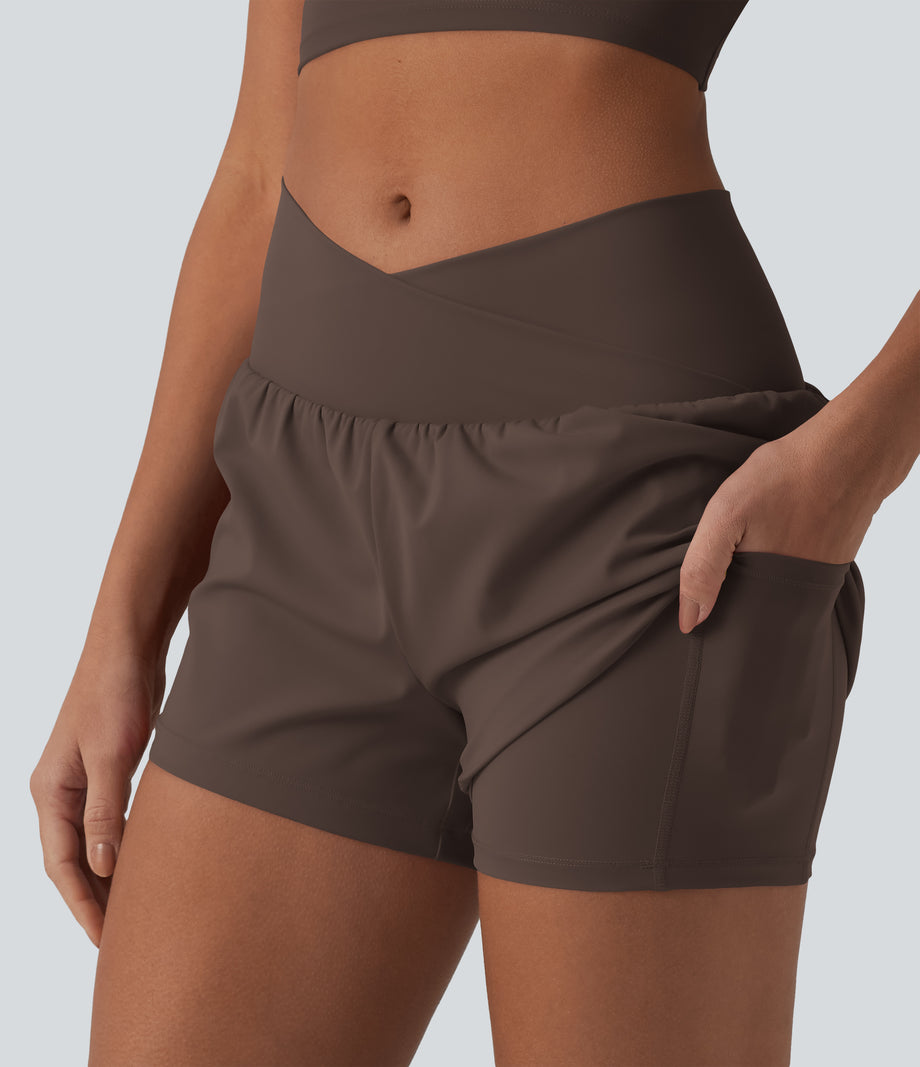 SoftlyZero™ Airy Crossover High Waisted 2-in-1 Cool Touch Yoga Shorts 3'' with Pockets - Chocolate Martini