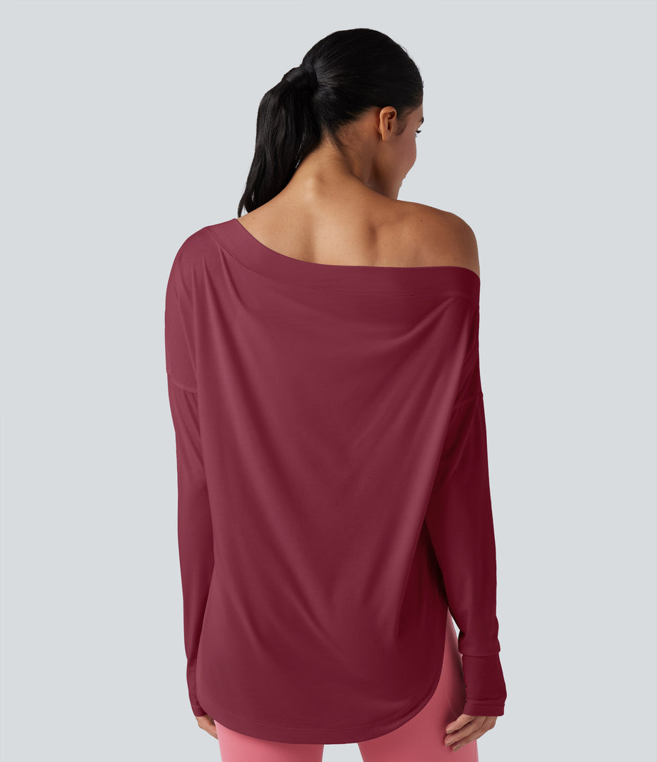 One Shoulder Long Sleeve Thumb Hole Curved Hem High Low Quick Dry Yoga Sports Top-Built-in Bra - Tibetan Red