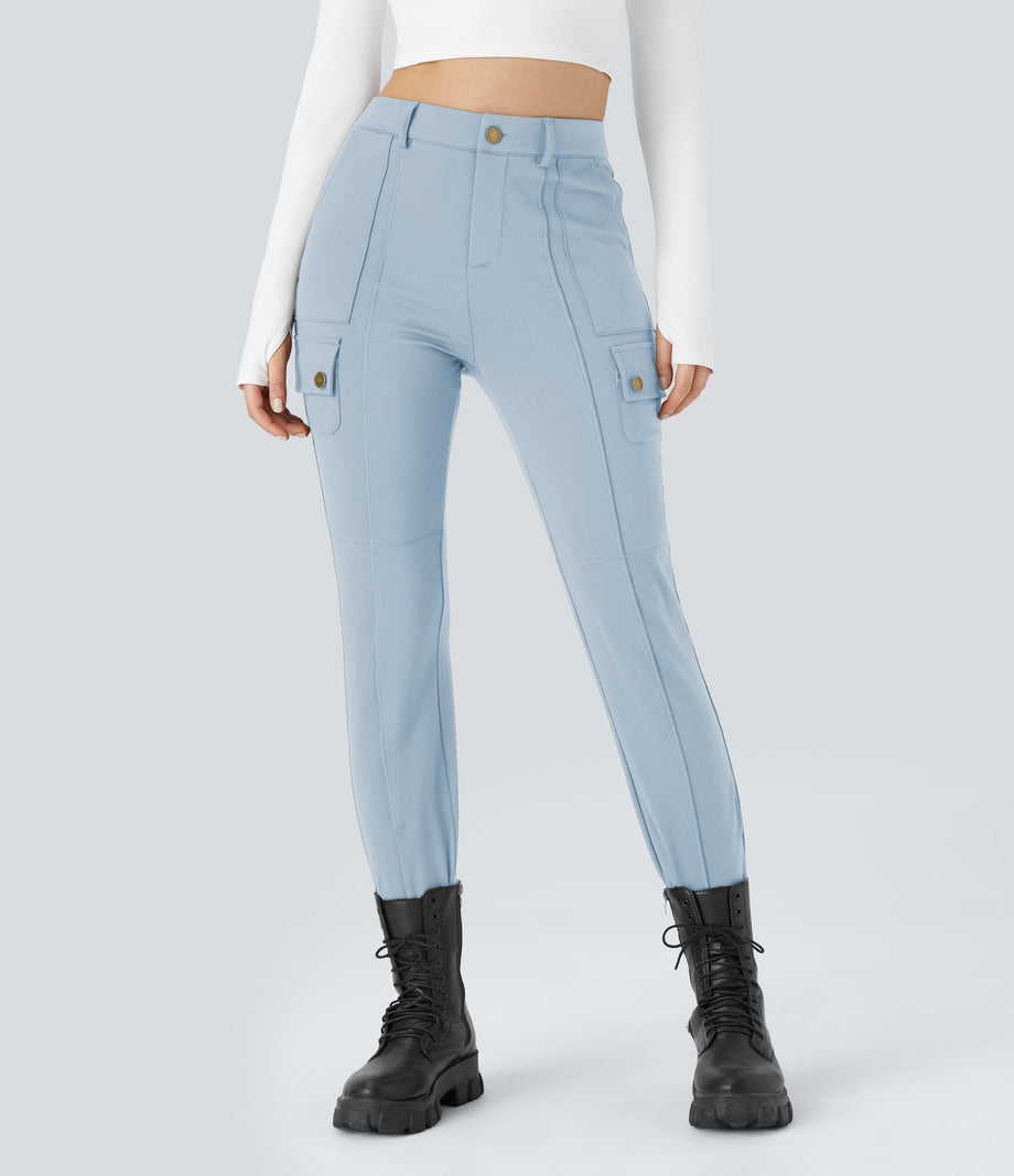 DayStretch High Waisted Zipper Pockets Solid Skinny Cargo Pants - Baby Blue