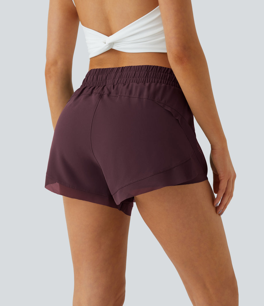 Mid Rise Drawstring Contrast Mesh 2-in-1 Flowy Running Shorts 3'' - Winetasting