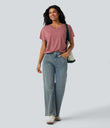 V-neck Short Sleeve Ruched Relaxed Casual Top - Brick Red Mix