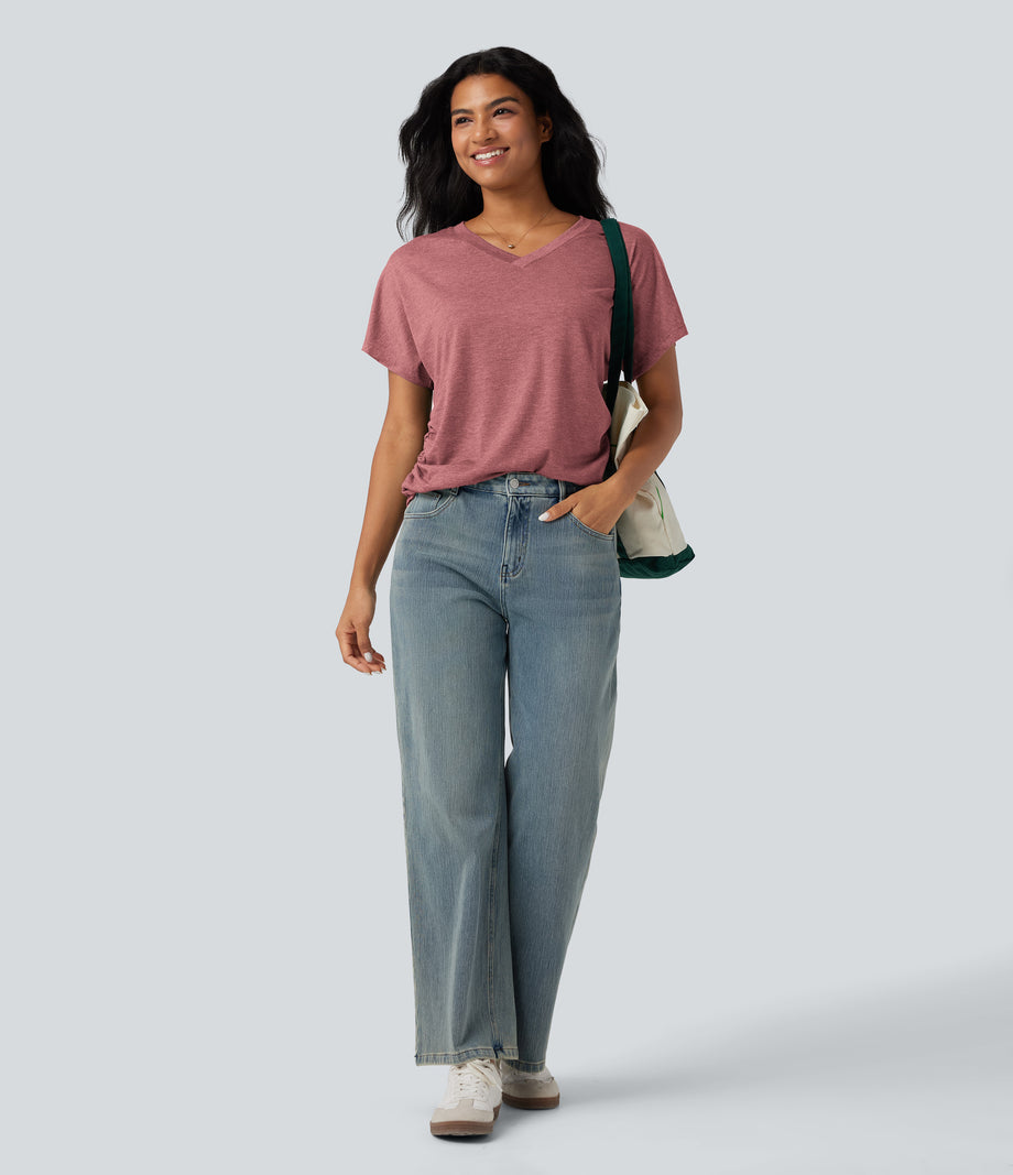 V-neck Short Sleeve Ruched Relaxed Casual Top - Brick Red Mix