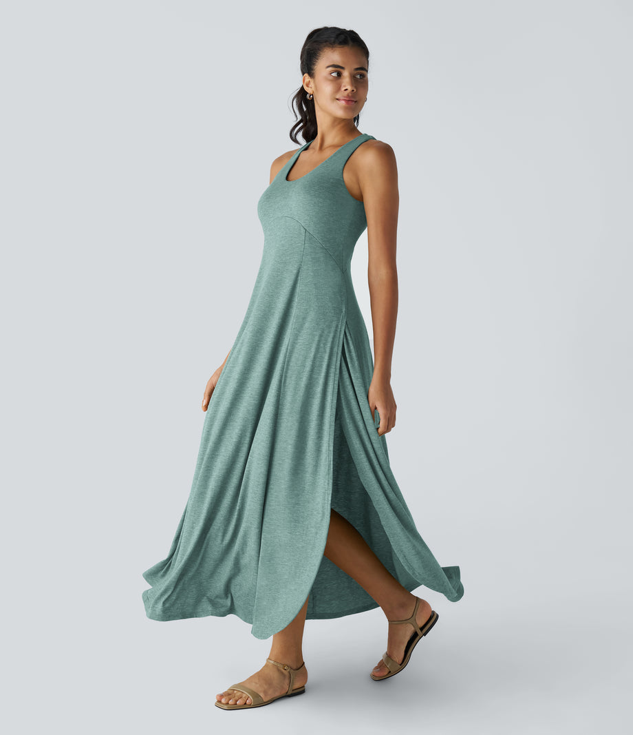 U Neck Flowy Maxi Casual Tank Dress - Misty Pale Blue
