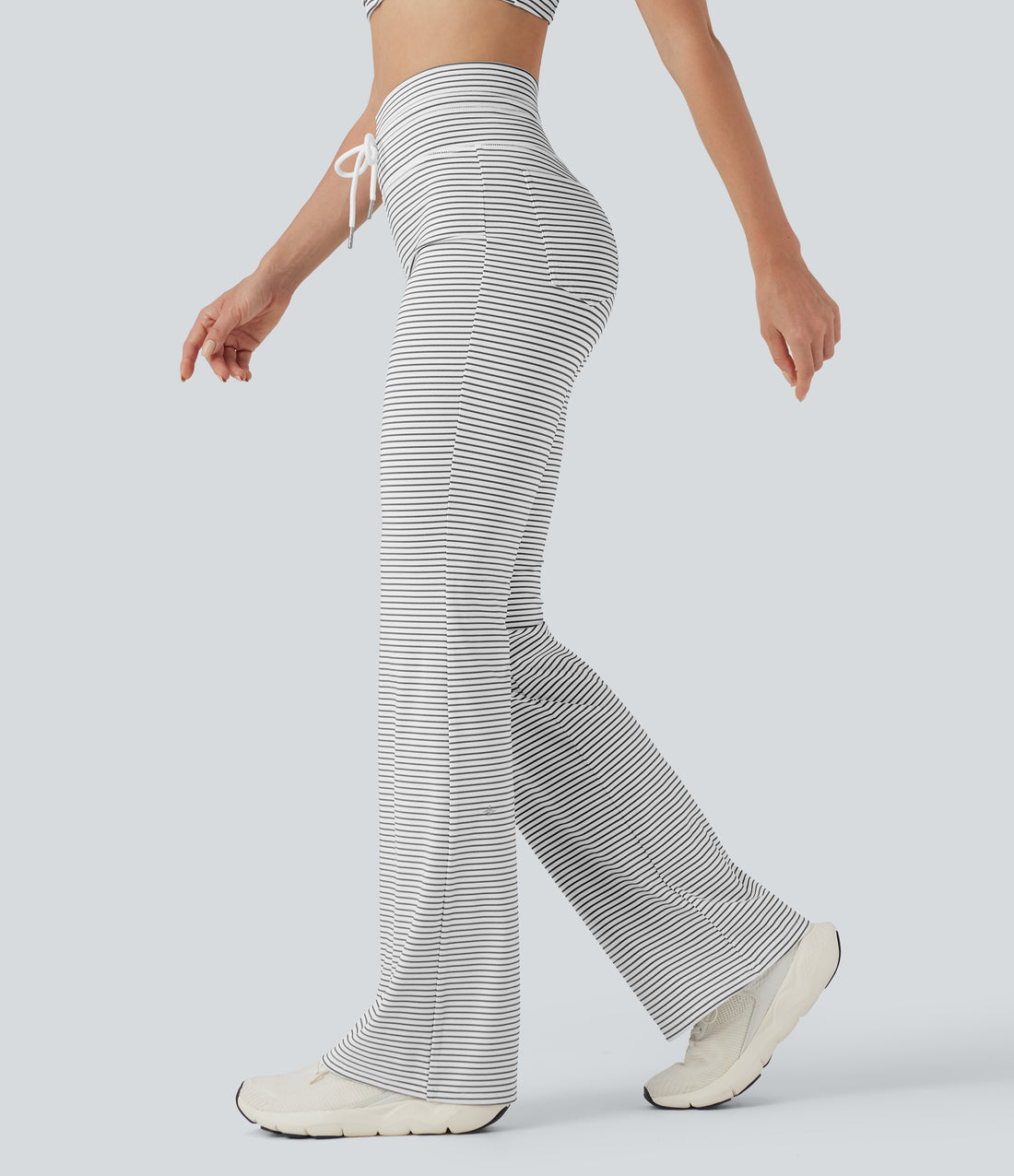 High Waisted Drawstring Stripe Flare Yoga Pants with Pockets - Zebra Ripple