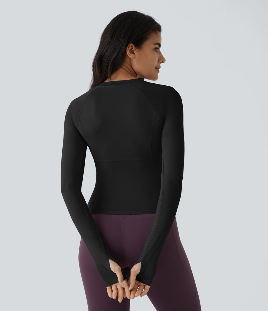 Solid Thumb Hole Yoga Sports Top - Black