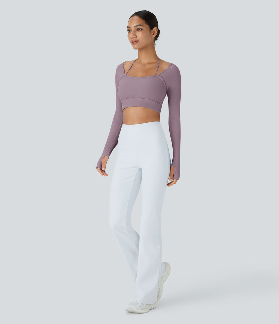 Ribbed Halter Strap Thumb Hole Cropped Yoga Sports Top - Fragrant Purple