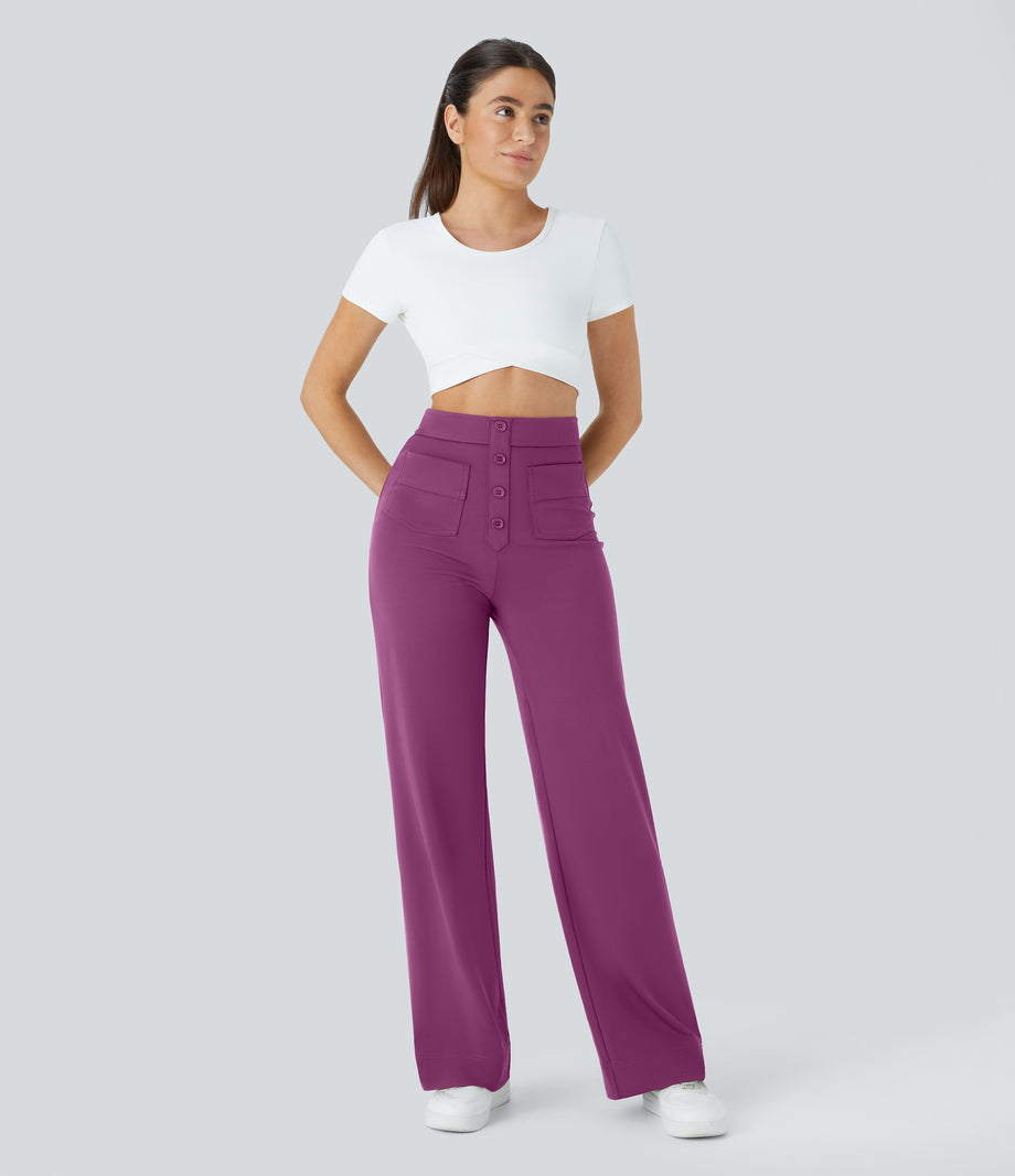DayStretch High Waisted Pockets Straight Leg Casual Pants - Deep Orchid