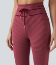 High Waisted Drawstring Stripe Flare Yoga Pants with Pockets - Crimson Rose