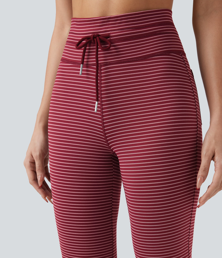 High Waisted Drawstring Stripe Flare Yoga Pants with Pockets - Crimson Rose