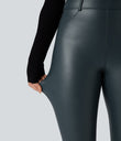 High Waisted Stretchy PU Fleece Casual Leggings with Pockets - Stratified Sea