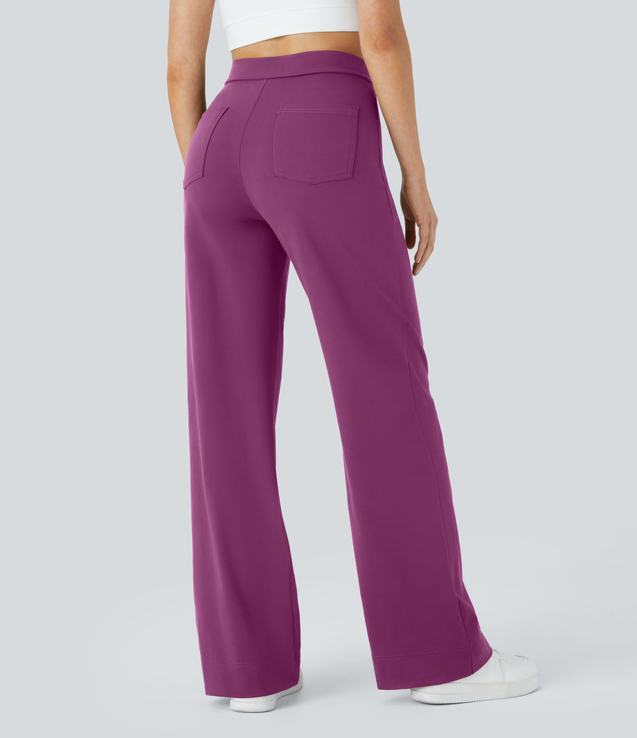 DayStretch High Waisted Pockets Straight Leg Casual Pants - Deep Orchid