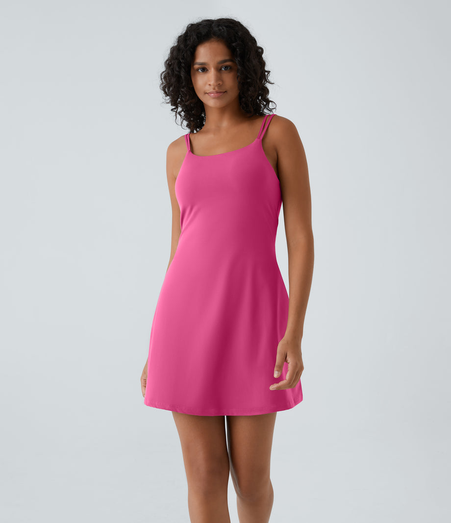 SoftlyZero™ Plush Double Straps 2-Piece Pocket Slip Dance Active Dress A-D Cups - Fuchsia Purple