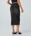 Halara Flex™ High Waisted Pockets Bodycon Washed Denim Casual Midi Skirt - Dirty Grey Black Denim
