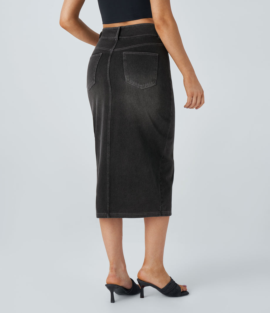 Halara Flex™ High Waisted Pockets Bodycon Washed Denim Casual Midi Skirt - Dirty Grey Black Denim
