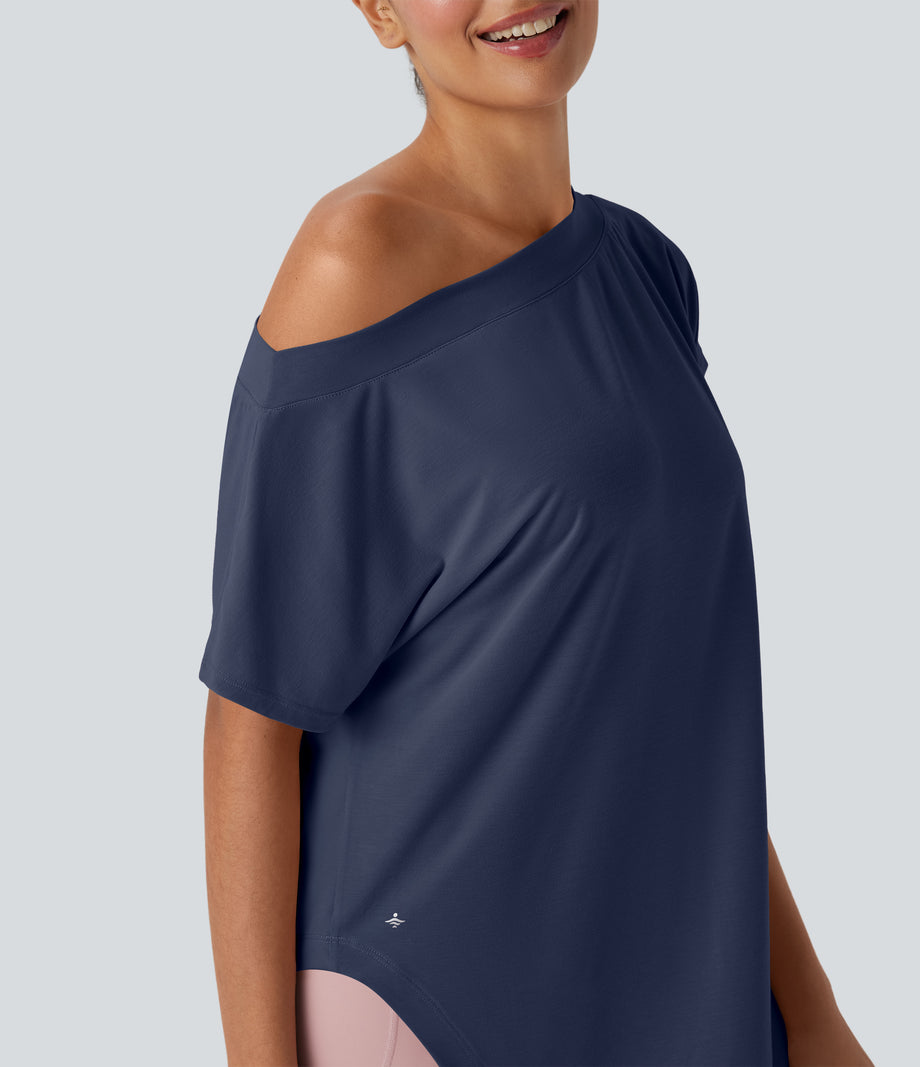 One Shoulder Short Sleeve Curved Hem High Low Quick Dry Yoga Sports Top - Mood Indigo