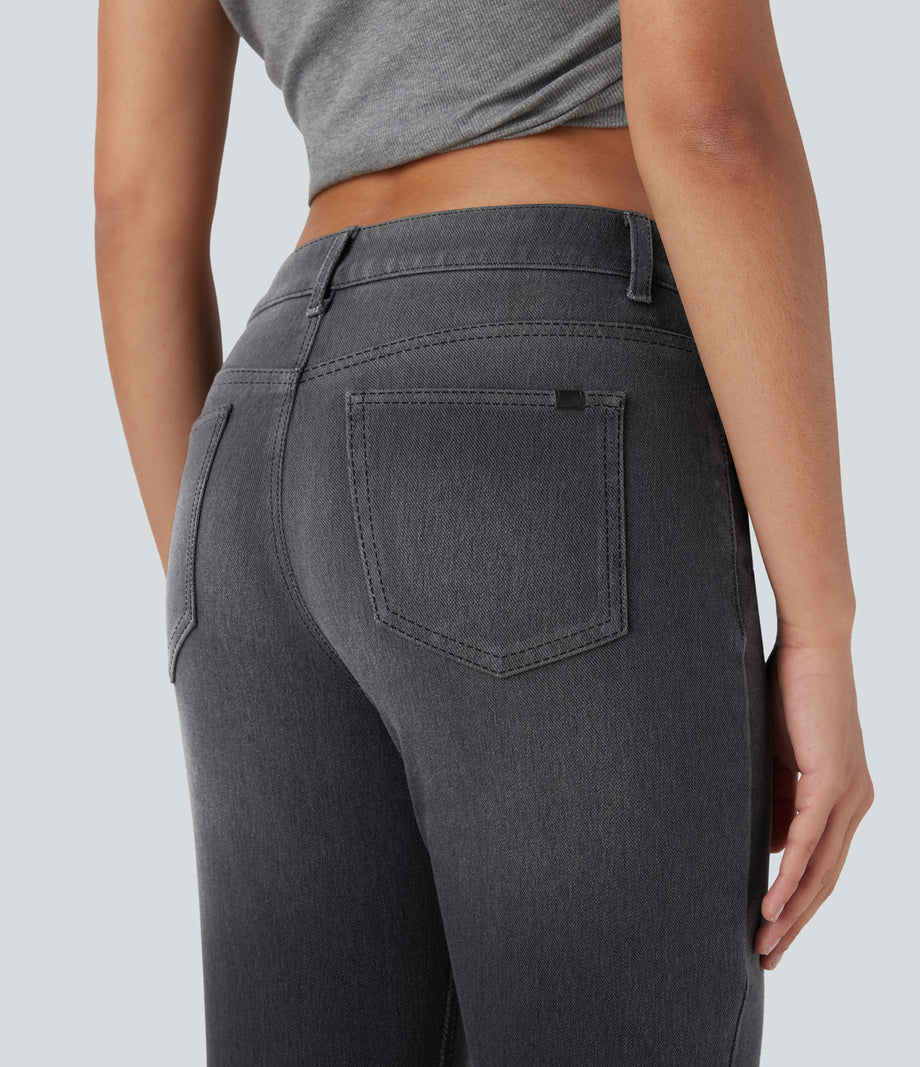Halara Flex™ Low Rise Zipper Pockets Washed Casual Bootcut Jeans - Dirty Black Denim