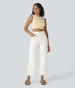 Halara Flex™ High Waisted Pockets Rolled Hem Wide Leg Washed Casual Jeans - Beige Denim
