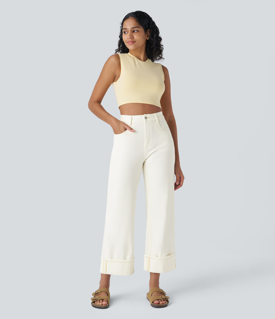 Halara Flex™ High Waisted Pockets Rolled Hem Wide Leg Washed Casual Jeans - Beige Denim