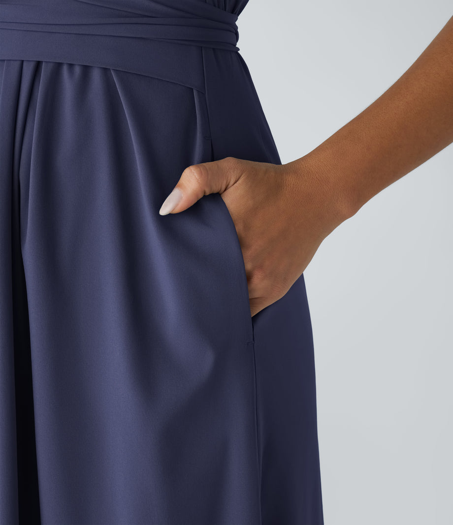 Breezeful™ V Neck Short Sleeve Pocket Tie Back Quick Dry Midi Casual Dress-Longer Length - Patriot Blue