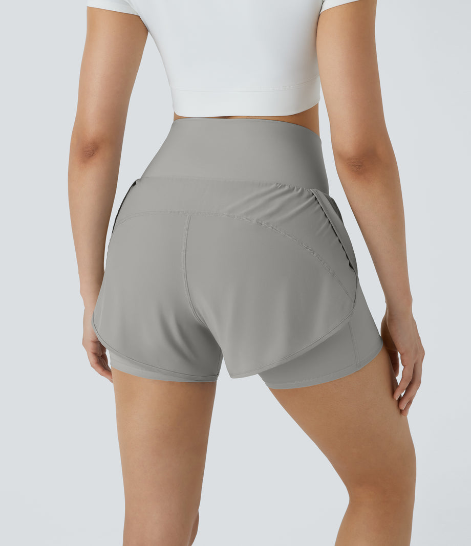 Breezeful™ Super High Waisted Curved Hem 2-in-1 Pocket Quick Dry Yoga Shorts 3.5'' - Greenish Grey