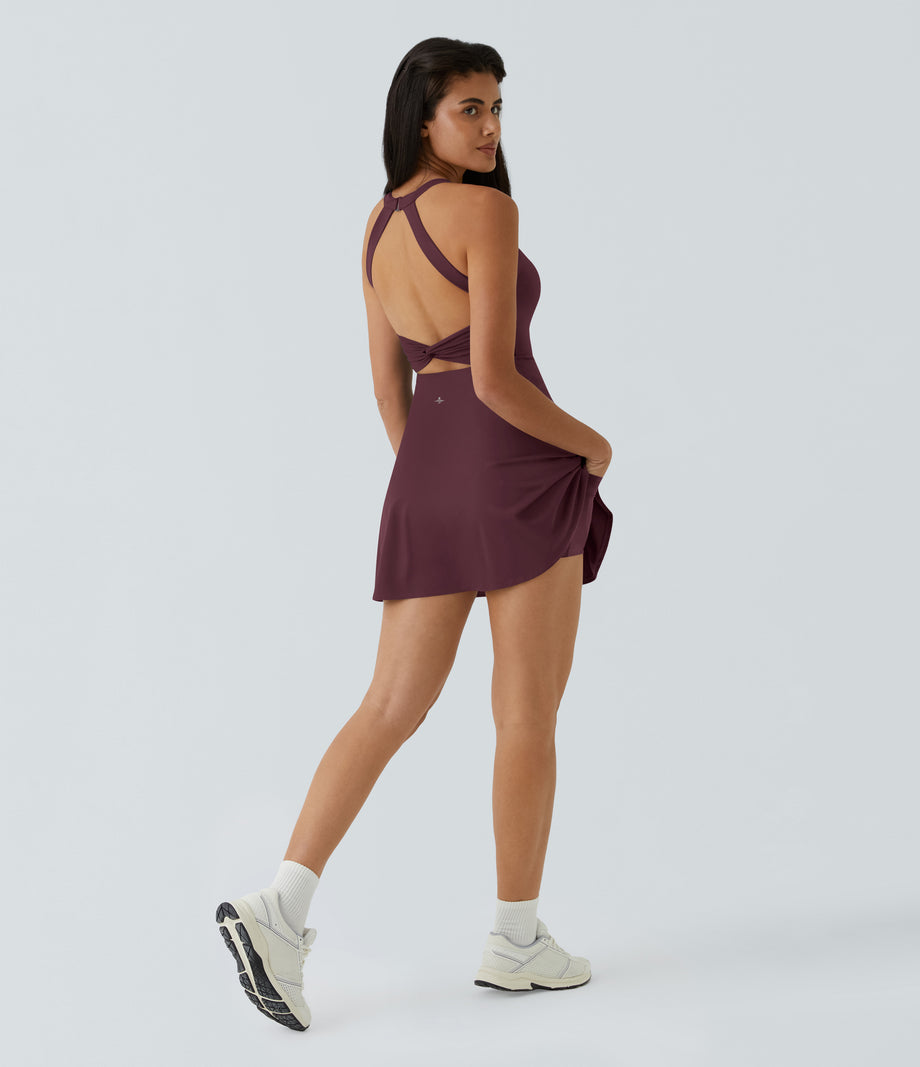 SoftlyZero™ Airy Backless Twisted Flare Low Support Dance Active Dress-Longer Length-Easy Peezy Edition A-D Cups - Fig