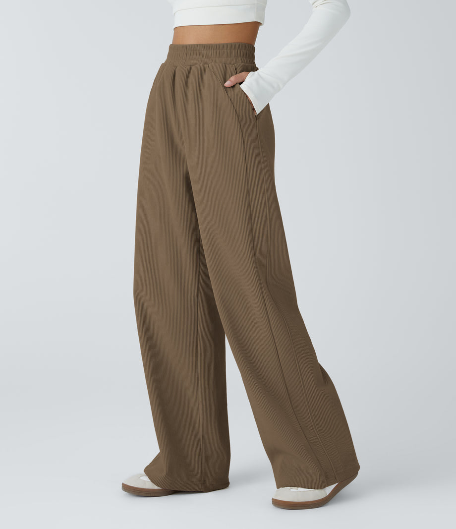 High Waisted Pocket Straight Leg Baggy Mop Corduroy Casual Pants - Chestnut Brown