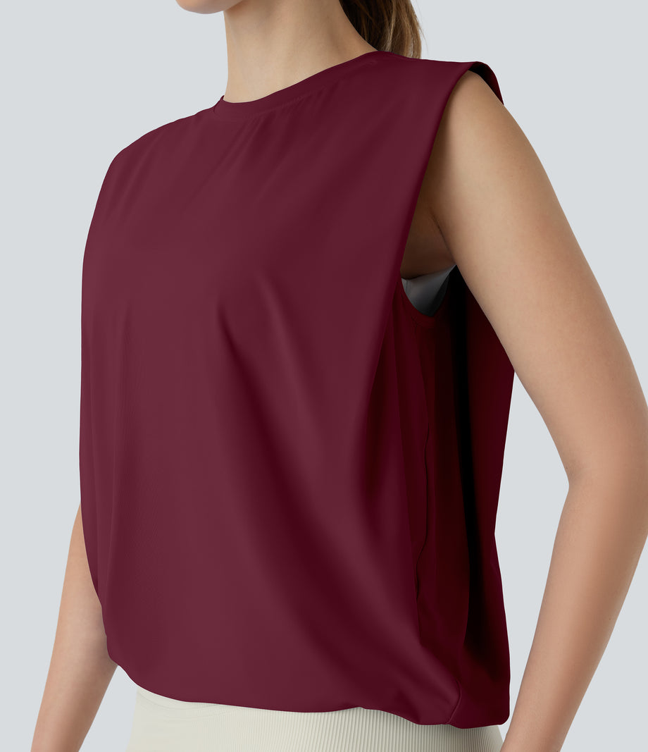 Round Neck Ruched Cool Touch Yoga Tank Top-UPF50+ - Deep Wine