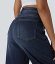 Halara Flex™ High Waisted Pockets Rolled Hem Wide Leg Washed Casual Jeans - Distressed Denim Dark Blue