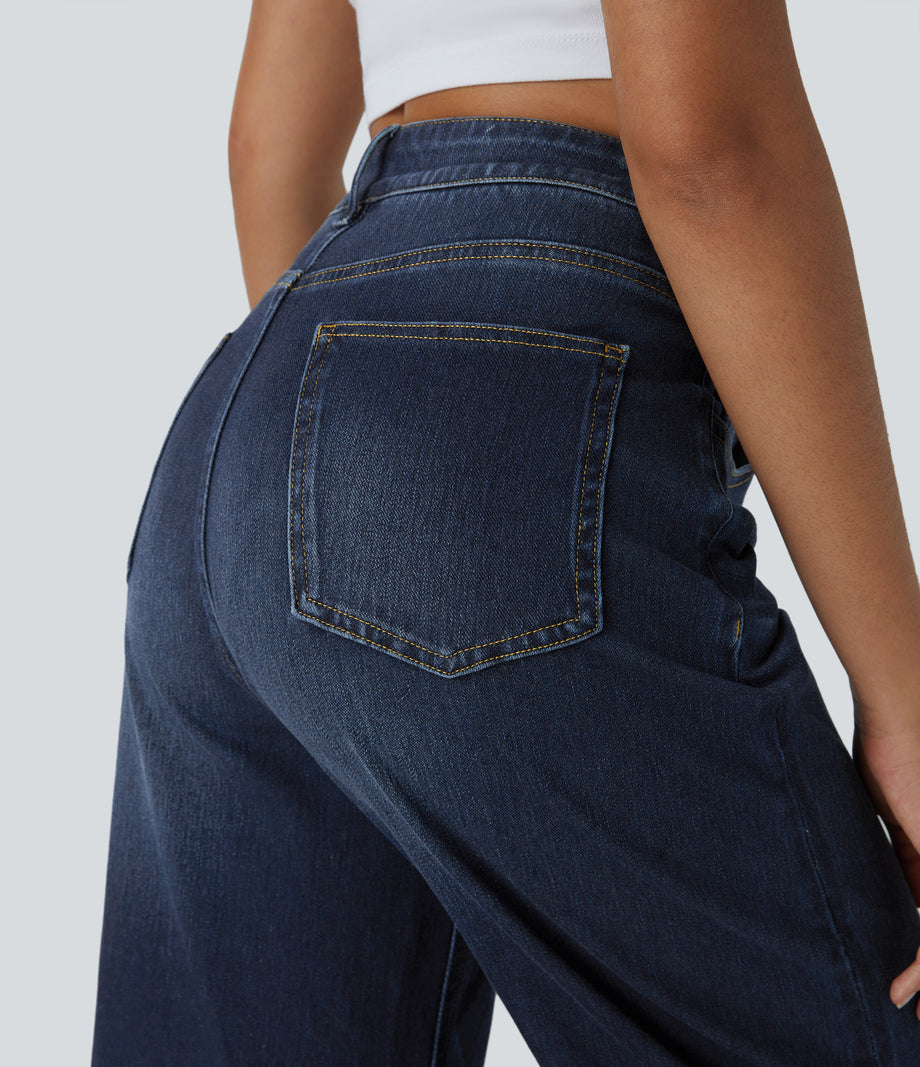 Halara Flex™ High Waisted Pockets Rolled Hem Wide Leg Washed Casual Jeans - Distressed Denim Dark Blue