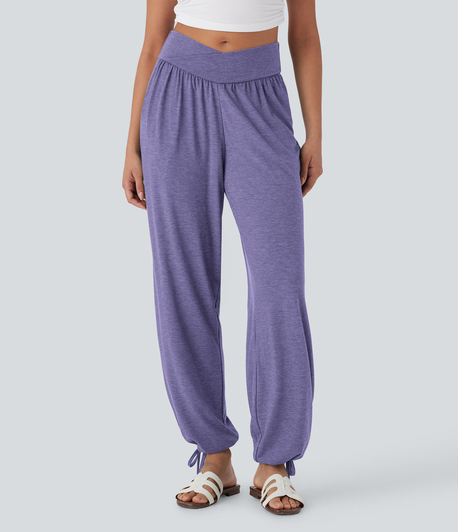 Crossover High Waisted Pocket Drawstring Casual Joggers - Light Purple Floral Yarn