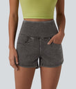 Halara Flex™ High Waisted Tummy Control Curved Hem Skinny Denim Casual Shorts with Pockets - Poppy Seed Denim
