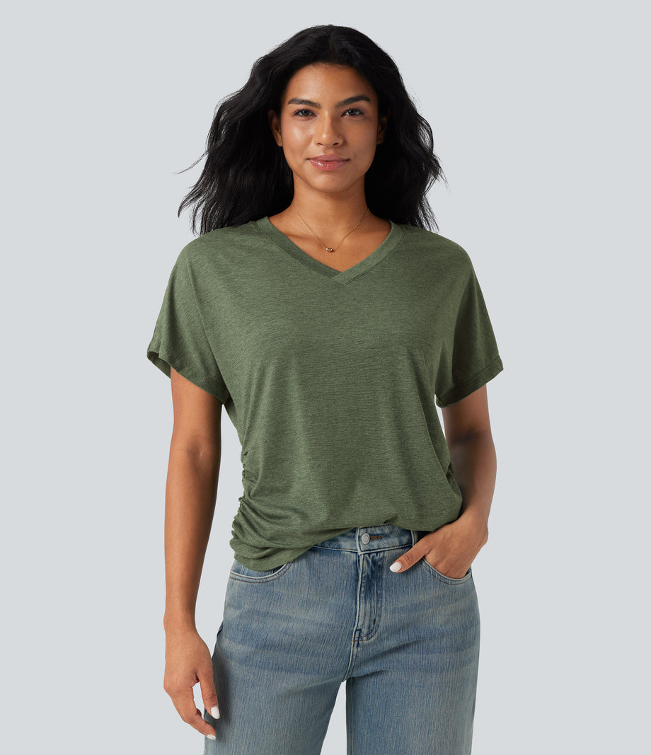 V-neck Short Sleeve Ruched Relaxed Casual Top - Light Green Floral Yarn